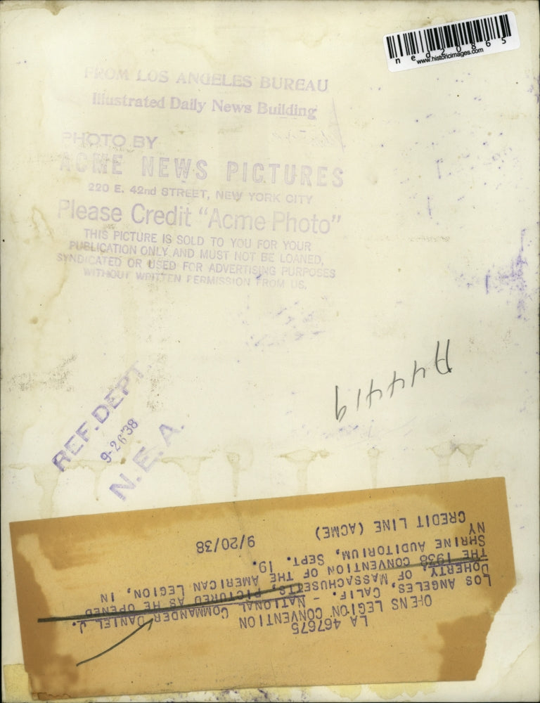 1938 Press Photo Los Angeles California National Commander Daniel J Doherty