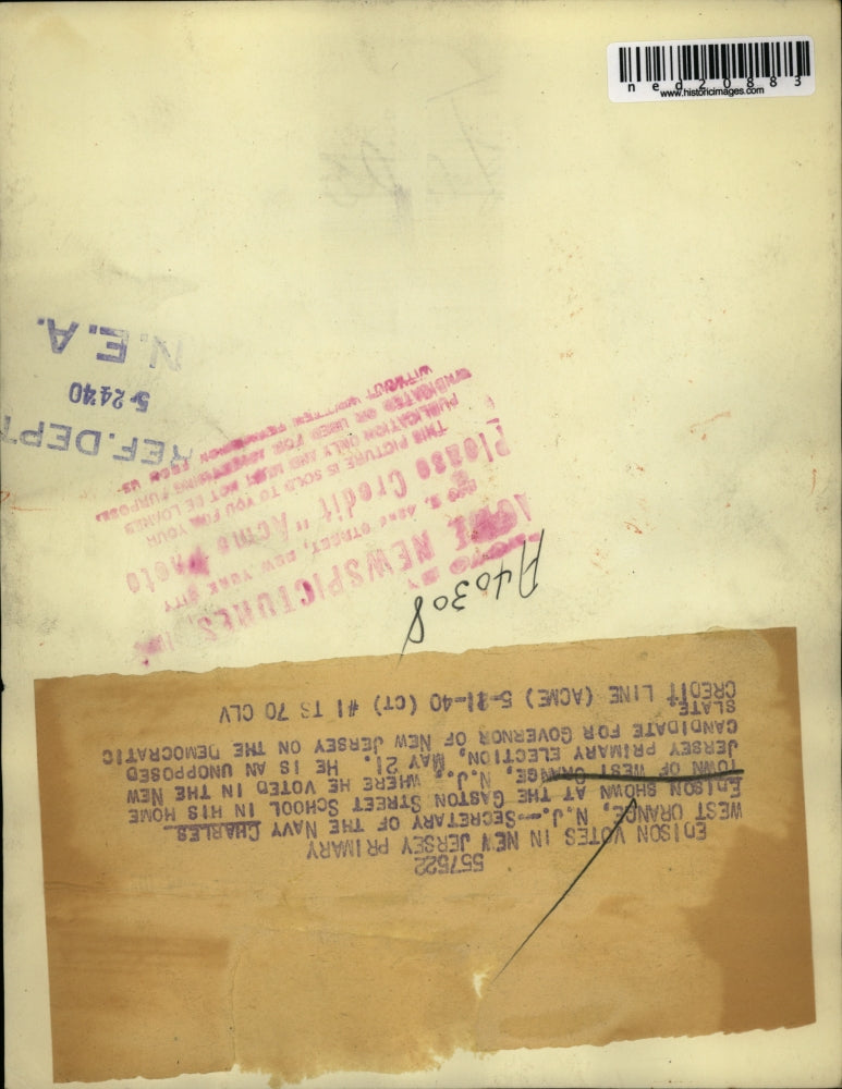 1940 Press Photo Secretary of Navy Charles Edison votes in New Jersey Primary