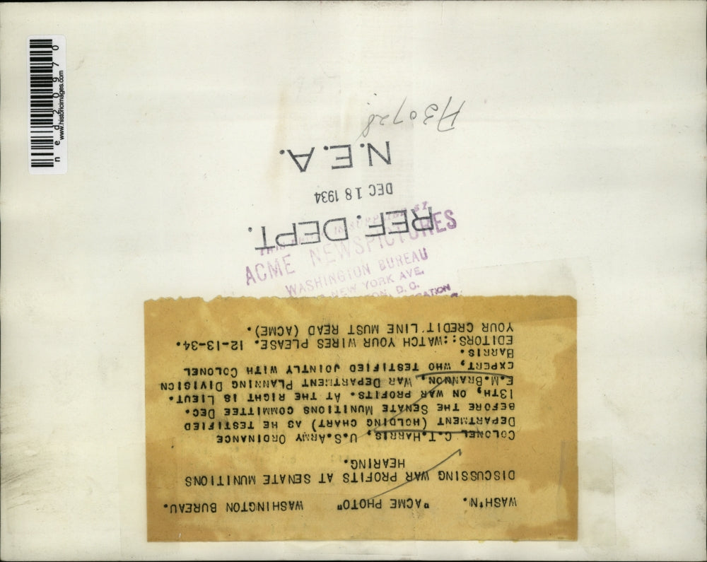 1934 Press Photo Col. C.T. Harris, US Army Ordinance Dept, in Washington, DC.