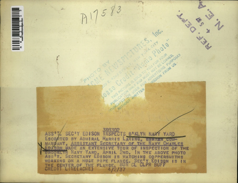 1937 Press Photo Assistant Navy Secretary Charles Edison Inspects Brooklyn Yard