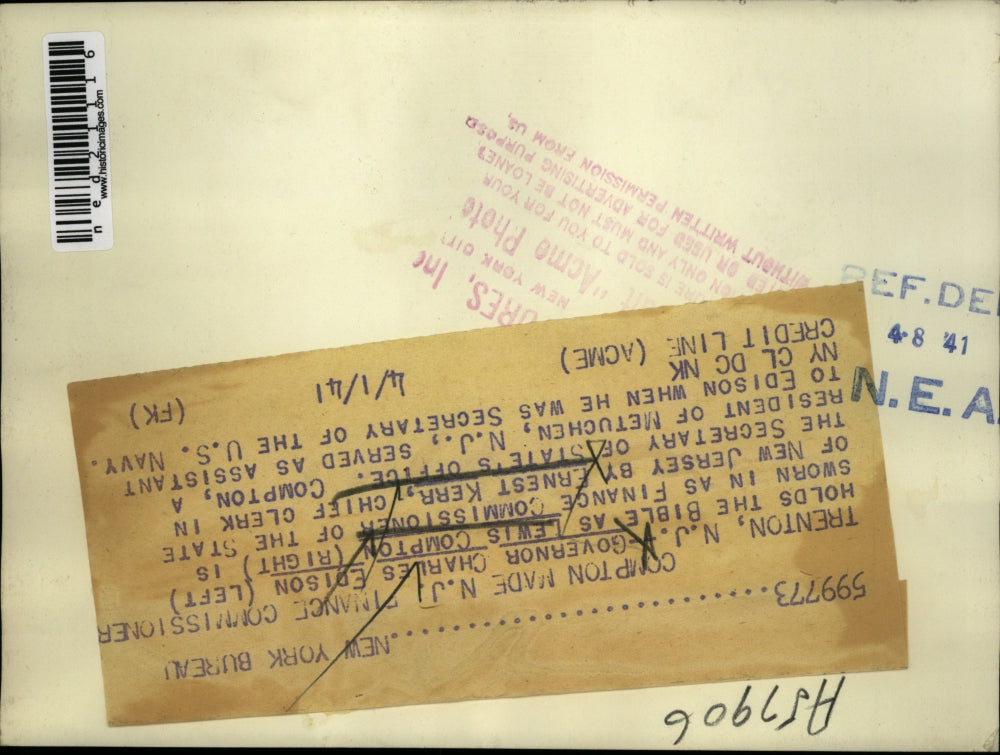 1941 Press Photo New Jersey Governor Charles Edison Swears in Lewis Compton