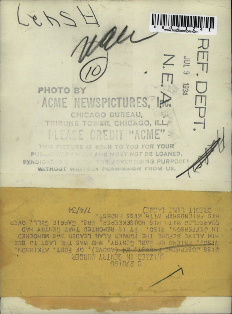 Load image into Gallery viewer, 1934 Press Photo Miss Josephine Probst Was The Last To See Earl Gentry Alive
