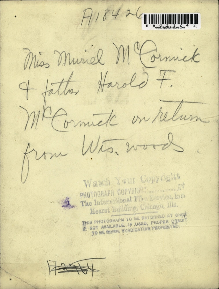 Load image into Gallery viewer, Press Photo Miss Muriel McCormick And Father On Return From Woods
