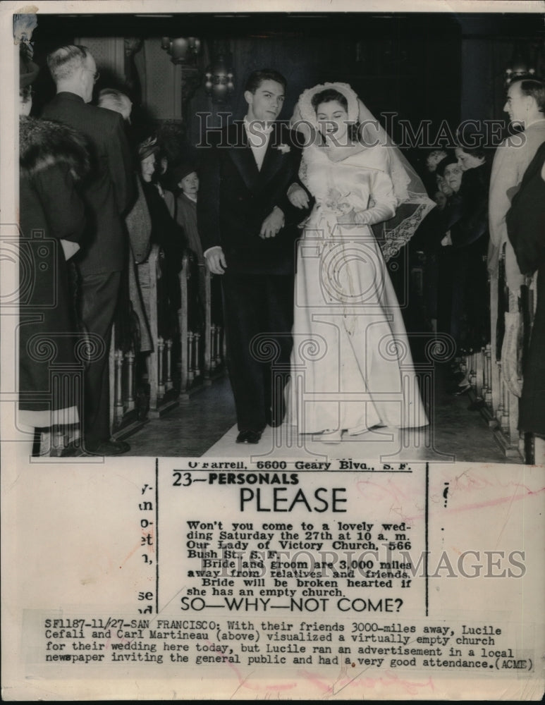1948 Press Photo Lucile Cefali And Carl Martineau Invites Public To Wedding