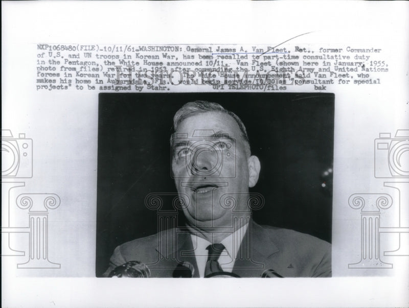 Load image into Gallery viewer, 1961 Press Photo James A. Van Fleet Recalled to Part-Time Consultative Duty
