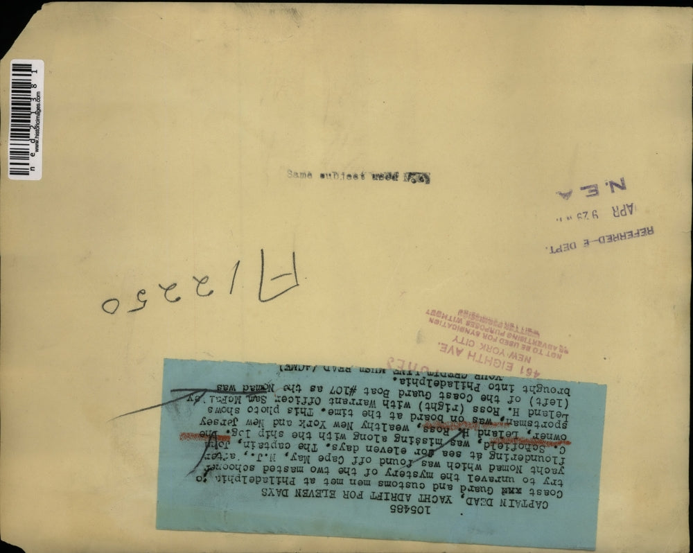 1929 Press Photo Captain Leland H Ross Dead Nomad Yacht Adrift Philadelphia