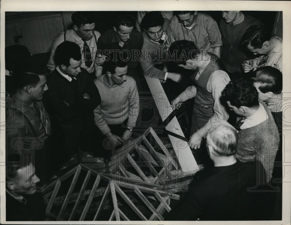1938 Press Photo Francis James Taking Measurements Carpentry Class