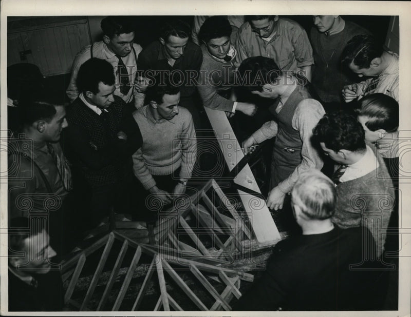 Load image into Gallery viewer, 1938 Press Photo Francis James Taking Measurements Carpentry Class
