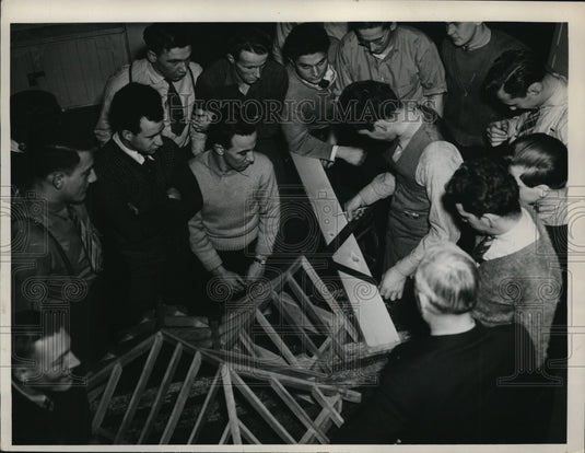 1938 Press Photo Francis James Taking Measurements Carpentry Class