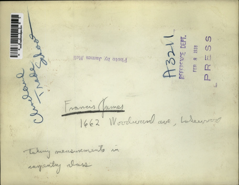 1938 Press Photo Francis James Taking Measurements Carpentry Class