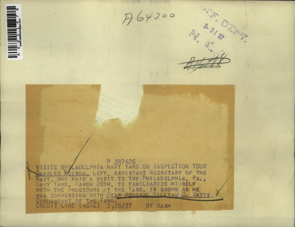 1937 Press Photo Charles Edison Visits Philadelphia Navy Yard