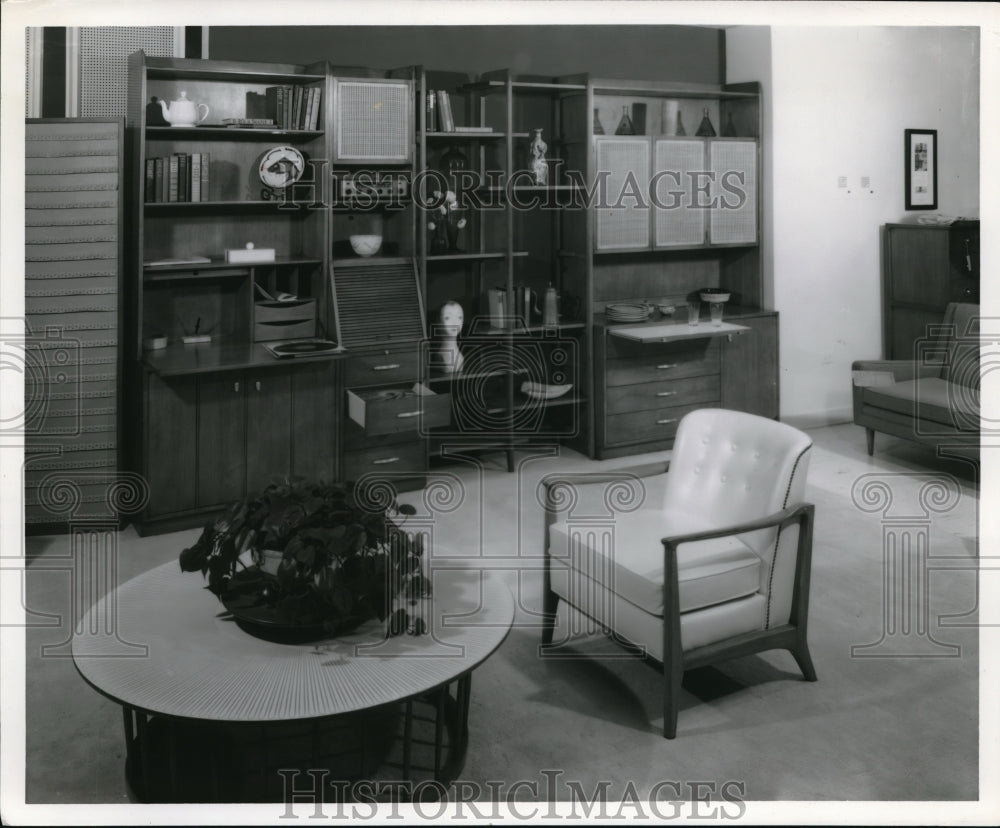 1958 Press Photo Storage center co ordinated units for a living room