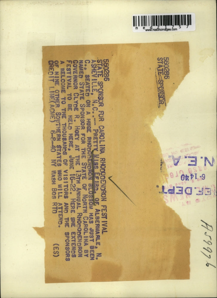 1940 Press Photo Miss Efird Is State Sponsor of !3th Rhododendron Festival