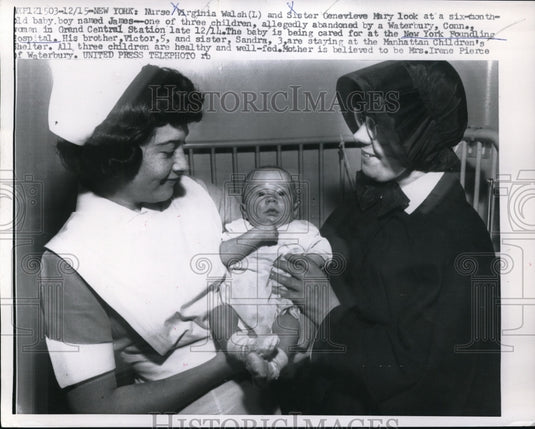 1956 Press Photo Nurse Virinia Walsh Holding Abandoned Child in Waterbury, CT
