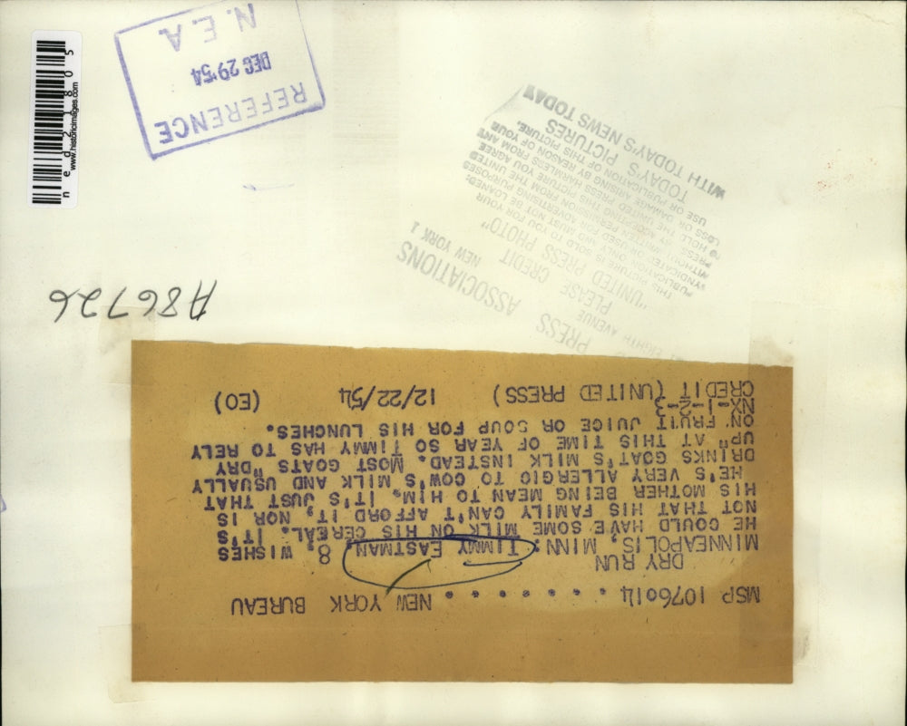 1954 Press Photo Timmy Eastman Wishing For Milk