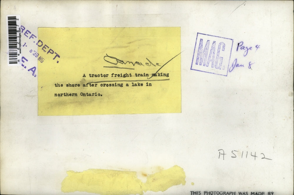 1939 Press Photo Tractor freight train crosses frozen Canadian lake