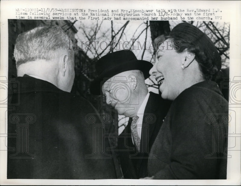Load image into Gallery viewer, 1959 Press Photo Wash DC Pres &amp; Mrs Eisenhower &amp; Rev Edward Elson at church
