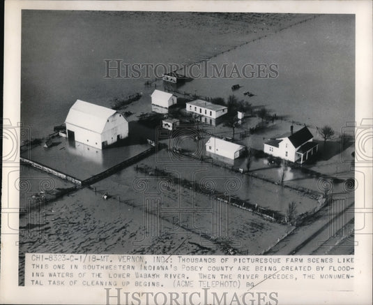 1950 Press Photo Air view of Mt Vernon Ind flooded by Wabash River