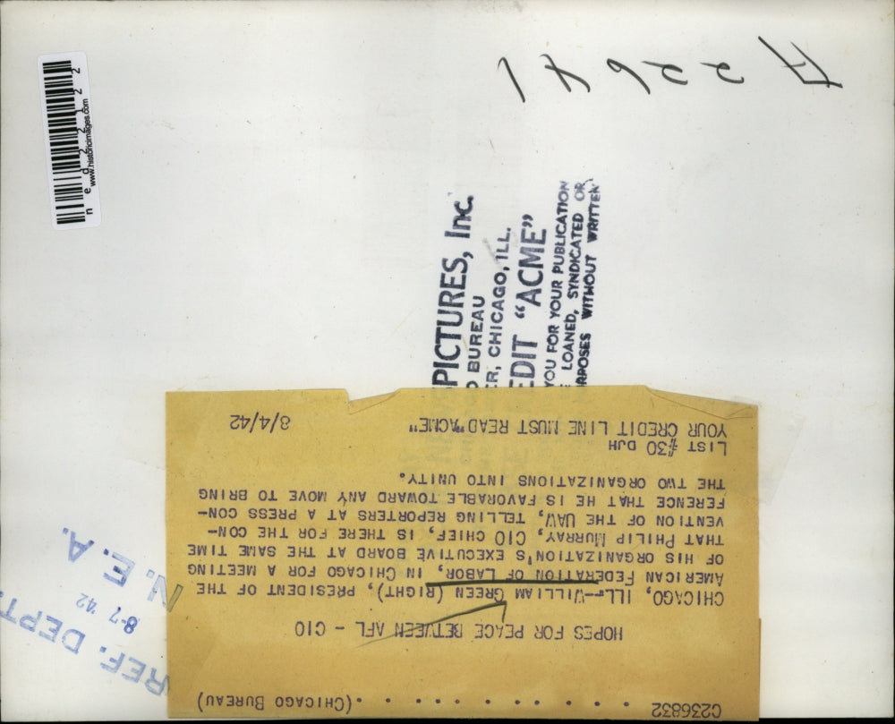 1942 Press Photo William Green hopes for peace between AFL-CIO, Chicago, IL.