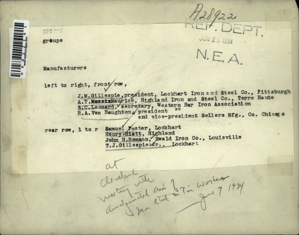 1934 Press Photo Front: J.M. Gillespie, A.T. Maurice, S.C. Leonard, R.A. Van