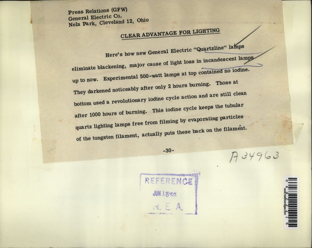 1959 Press Photo General Electric Quartzline Lamps Stop Incandescent Blackening