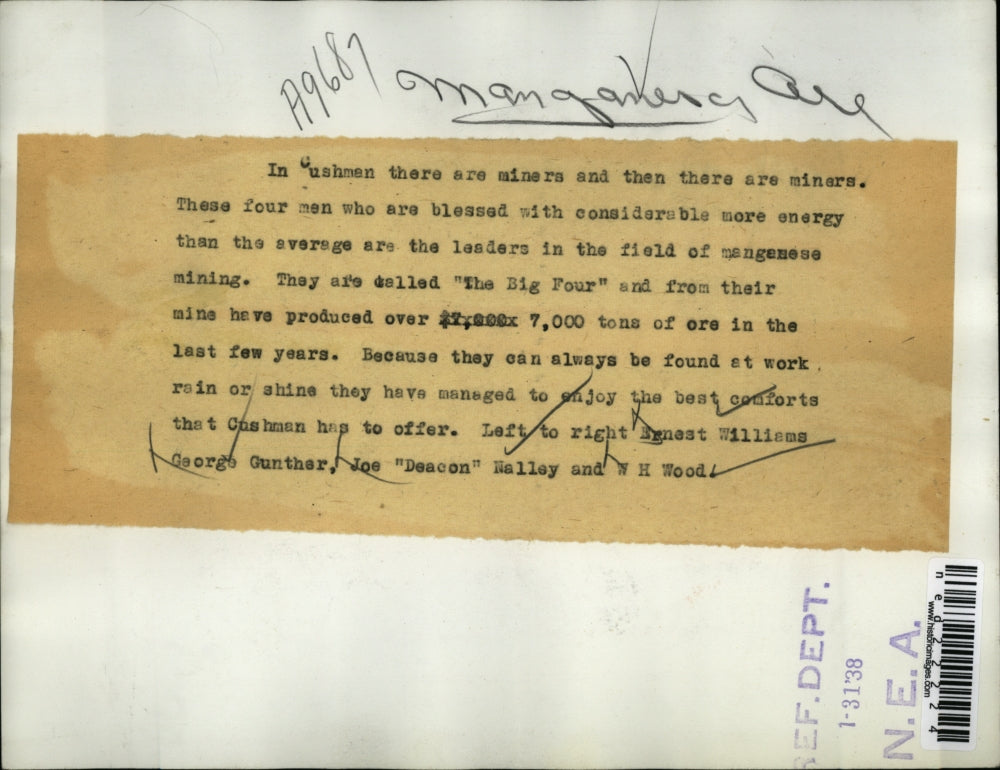 1938 Press Photo Miners The Big Four Williams George Gunther Joe Nalley W.H Wood