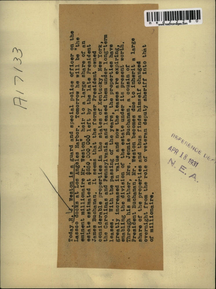 1931 Press Photo RJ Weston today dock guard now millionaire heir