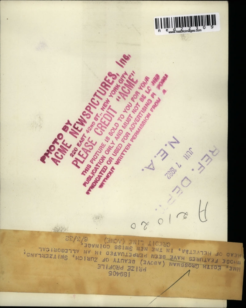 1932 Press Photo Madame Edith Grossman, Beauty of Zurich, Switzerland.