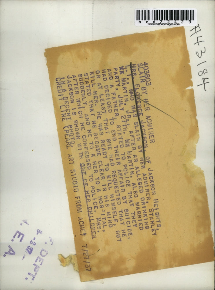 1937 Press Photo Mrs Florence Jackson Slain by Stanley Martin Jr Long Island