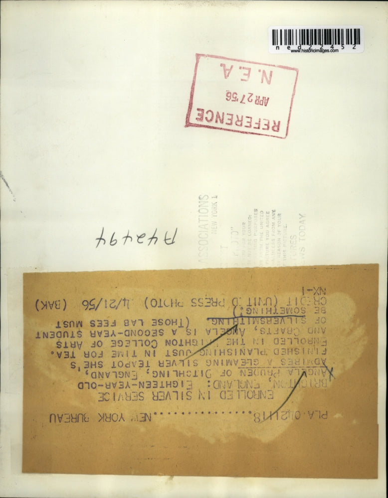 1956 Press Photo Silversmithing Student Angela Pruden with English Teapot