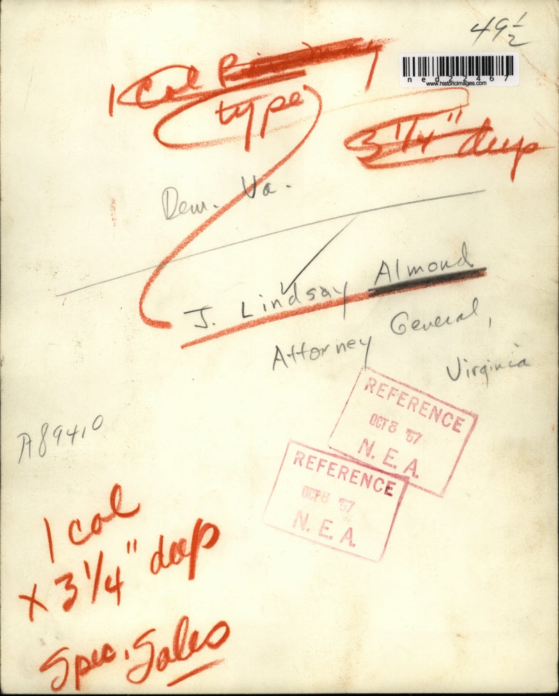 1957 Press Photo J. Lindsay Almond, Attorney General, Virginia