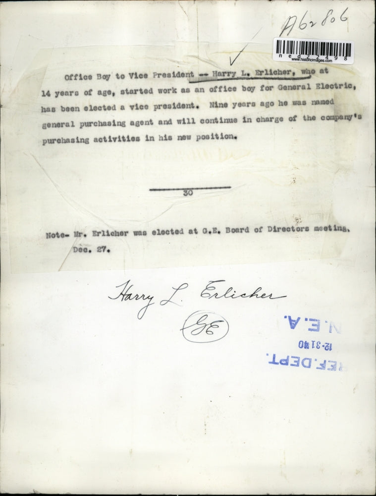 1940 Press Photo Harry L. Erlicher, General Purchasing Agent, G.E.