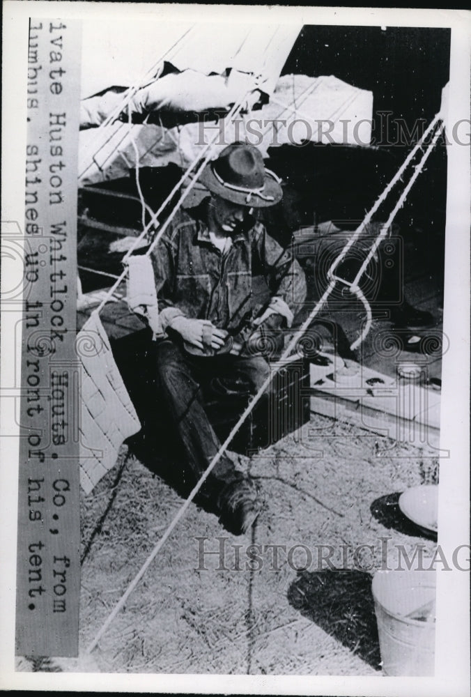 Load image into Gallery viewer, 1940 Press Photo U.S. Army Private Huston Whitlock in Front of Tent
