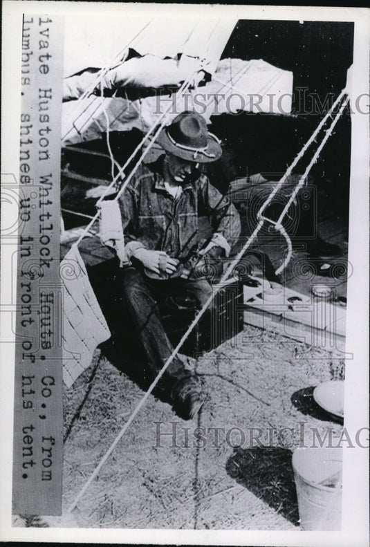 1940 Press Photo U.S. Army Private Huston Whitlock in Front of Tent