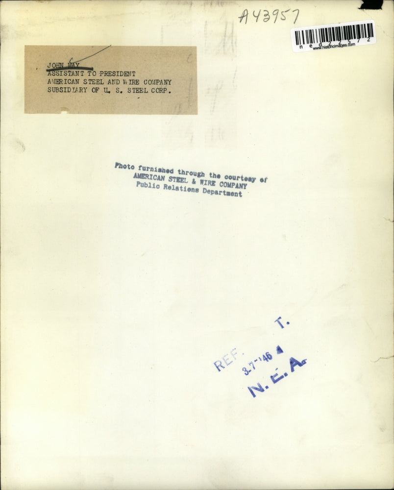 1946 Press Photo John May asst to Pres of American Steel & Wire Co