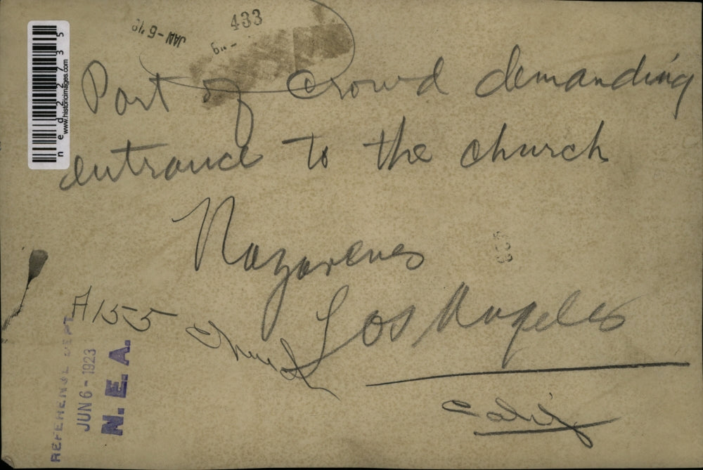 1923 Press Photo Part of Crowd Demanding Entrance to the Church, Los Angeles,