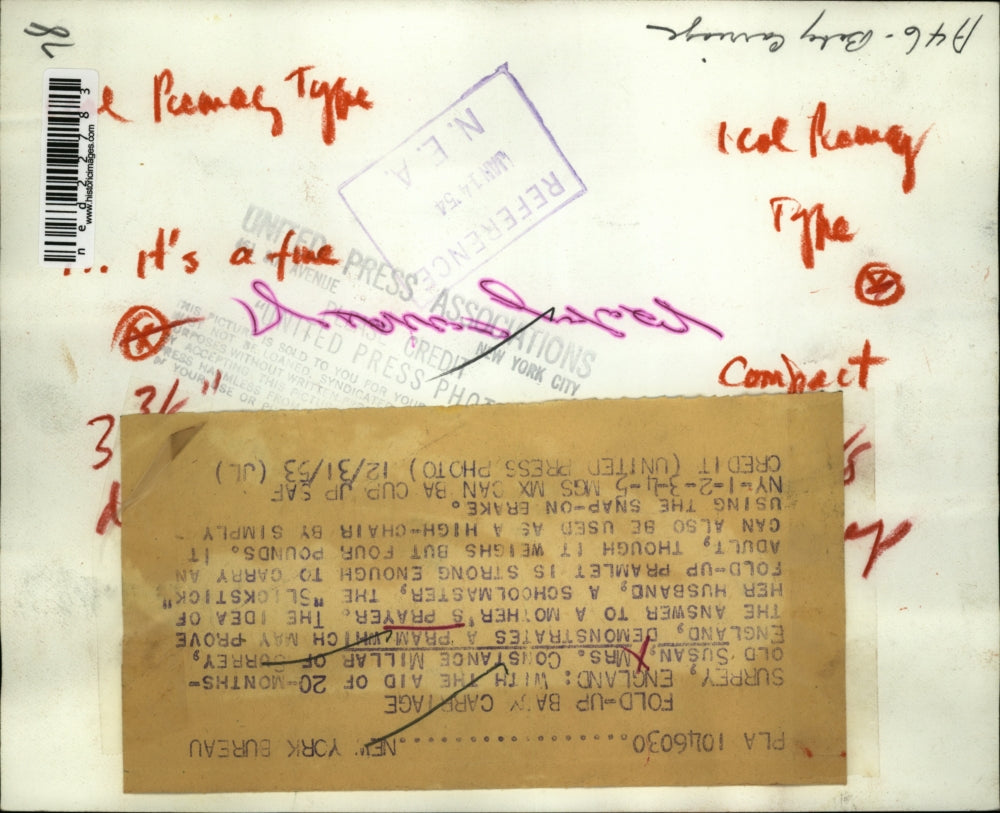 1953 Press Photo Surrey England Susan Constance Millar Pram High Chair Strong