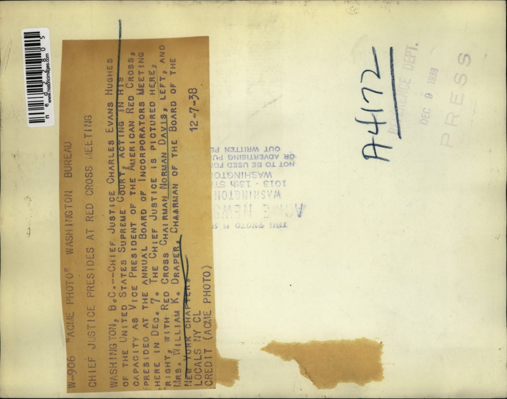 1938 Press Photo Charles Hughes, Of Supreme Court also V.P. American Red Croos