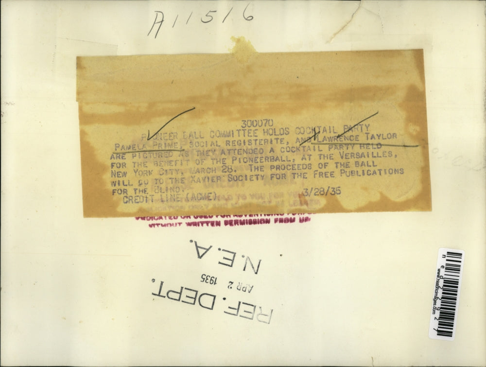 1935 Press Photo Pamela Price and Lawrence Taylor at Cocktail Party