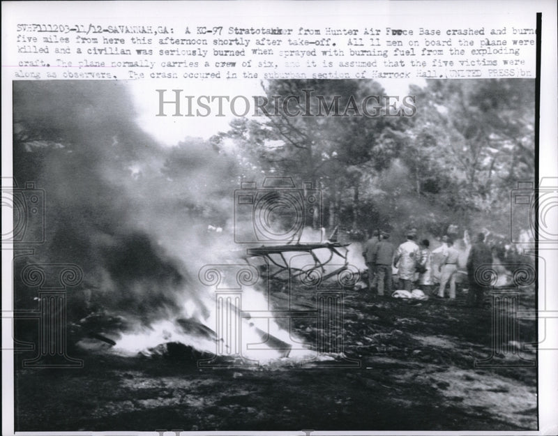 Load image into Gallery viewer, 1958 Press Photo Burning wreck of KC 97 Stratotanker plane at Savanaha Ga crash
