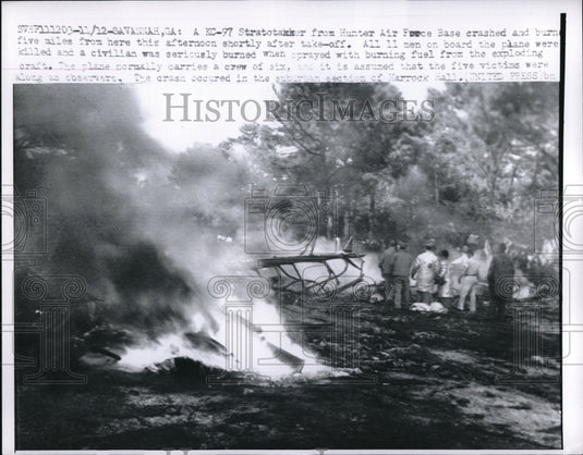 1958 Press Photo Burning wreck of KC 97 Stratotanker plane at Savanaha Ga crash