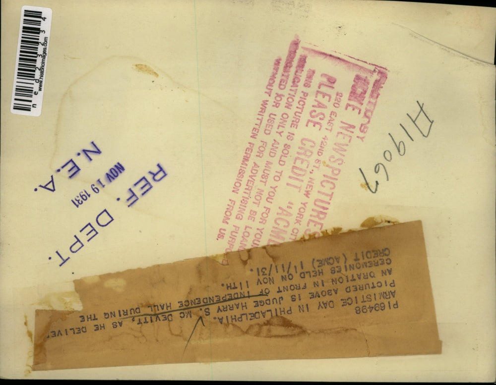 1931 Press Photo Judge Harry McDevitt Philadelphia Pennsylvania Armistice Day