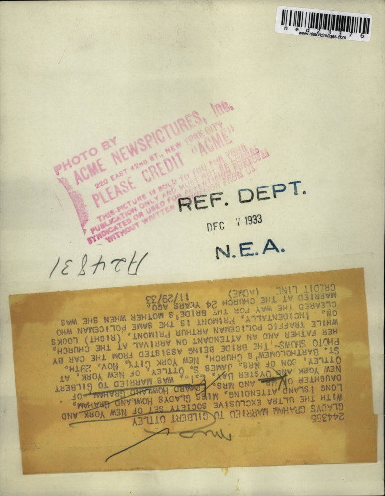 1933 Press Photo Gladys Graham married Gilbert Ottley