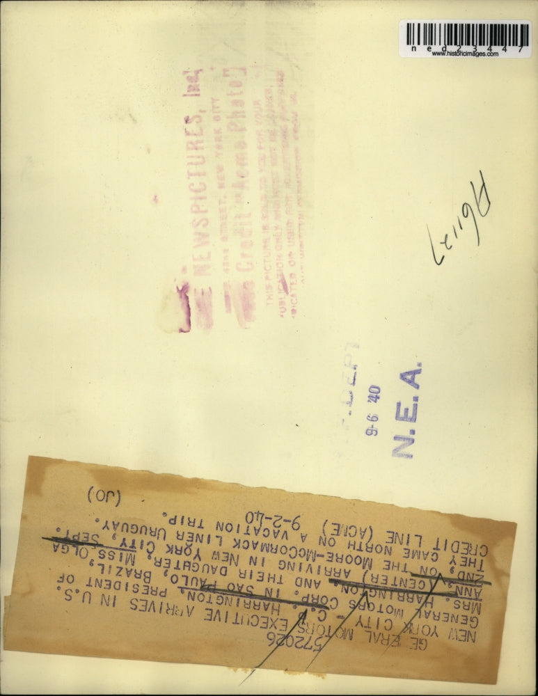 1940 Press Photo NYC CP Harrington, GM pres from Brazil, Mrs Harrington, O Ann