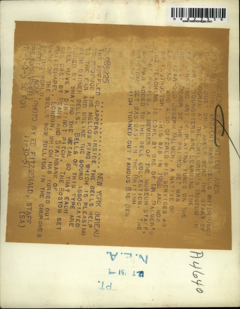 1951 Press Photo Ancient Bells Ring Out in Boston.