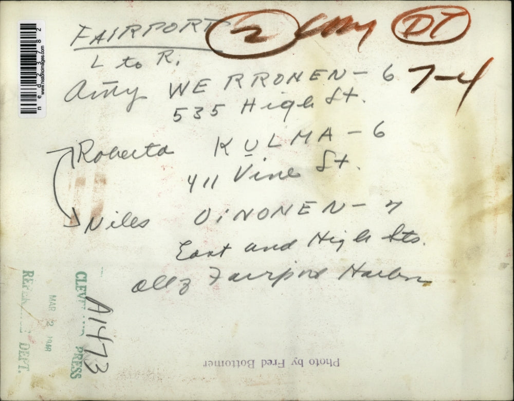 1948 Press Photo Fairport Ohio Amy Werronen, Roberta Kulma, Niles Dinonen