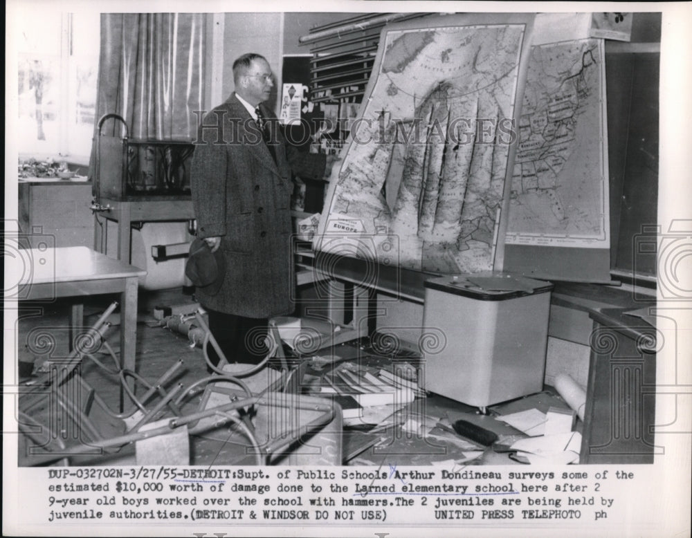 1955 Press Photo Detroit Mich Supt of Schools Arthur Dondineau & vandalism