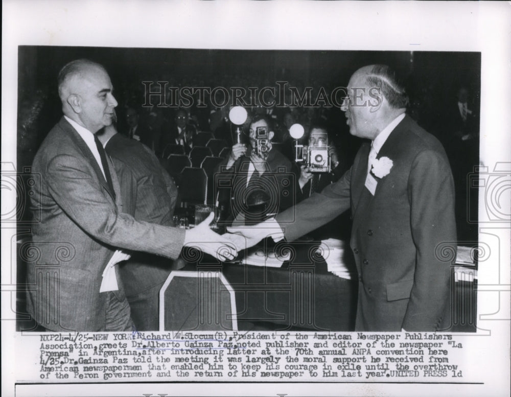 1956 Press Photo Dr. Alberto Gainza Greeted by Richard W. Slocum at70th Annual