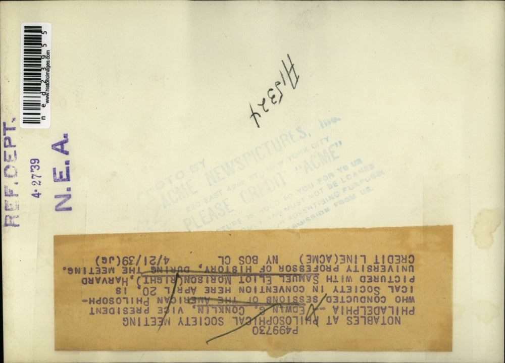 1939 Press Photo Philadelphia Pa Edwin Conklin VP US Philosophical Society