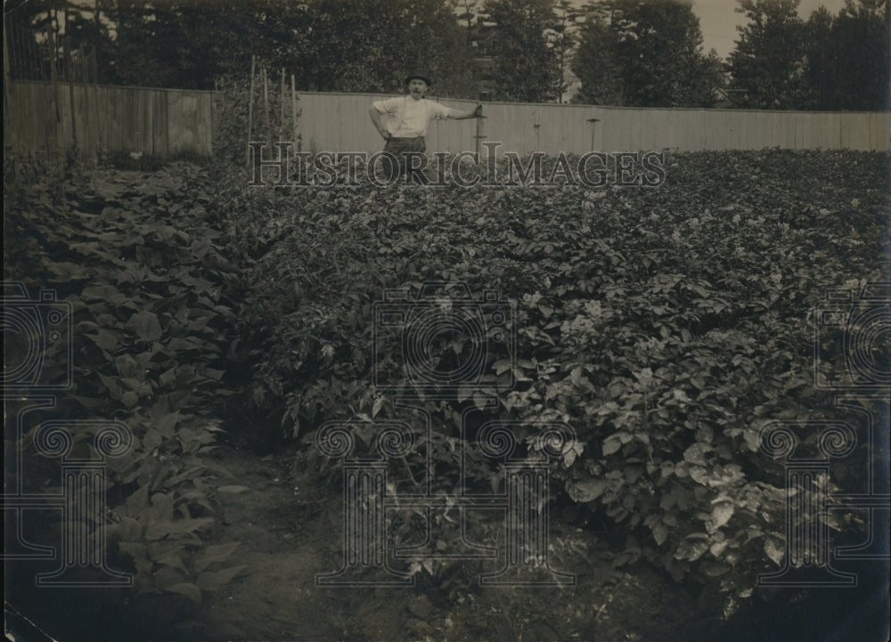 1919 Press Photo Employee of Sharpe Co in Providence RI in his garden
